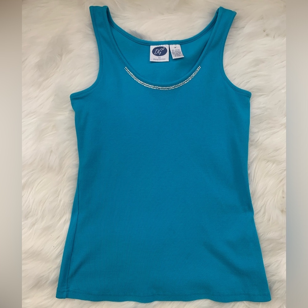 DG2 Diane Gilman Turquoise Embellished Rib knit Tank Top Size M